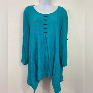 Ali Miles Blue Tunic Top Women L Crinkle Asymmetric Hem Artsy Lagenlook Buttons